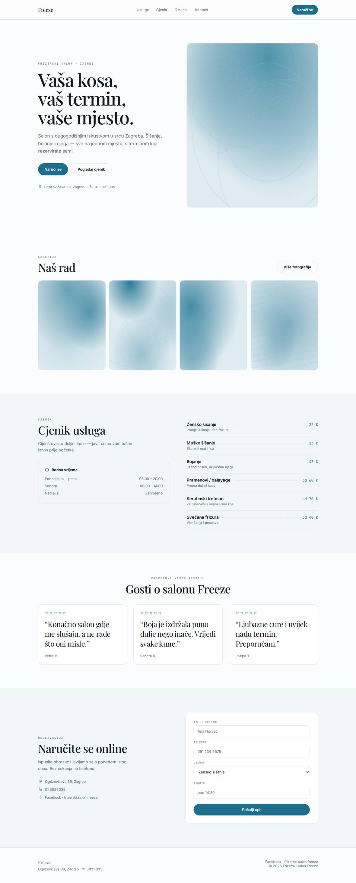 Full desktop design of the Freeze concept site: hero, gallery, price list, reviews and booking form.