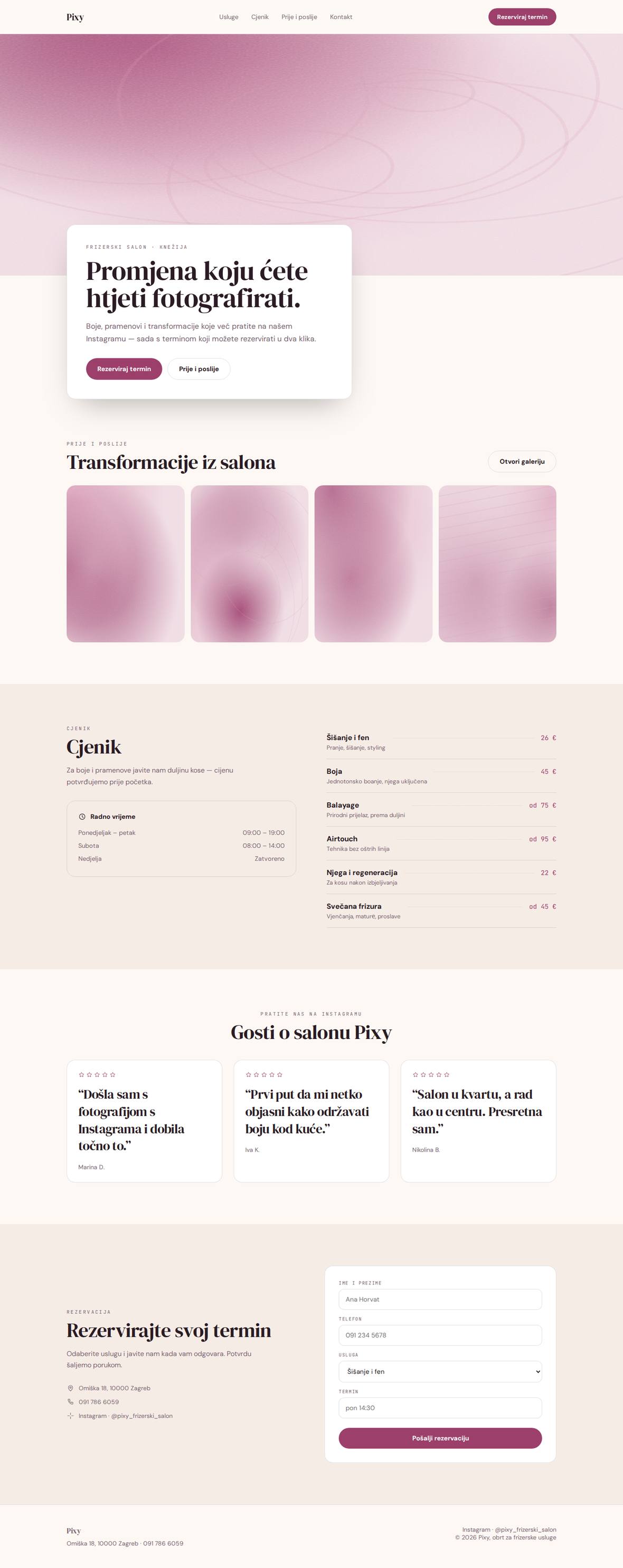 Full desktop design of the Pixy concept site: hero, gallery, price list, reviews and booking form.