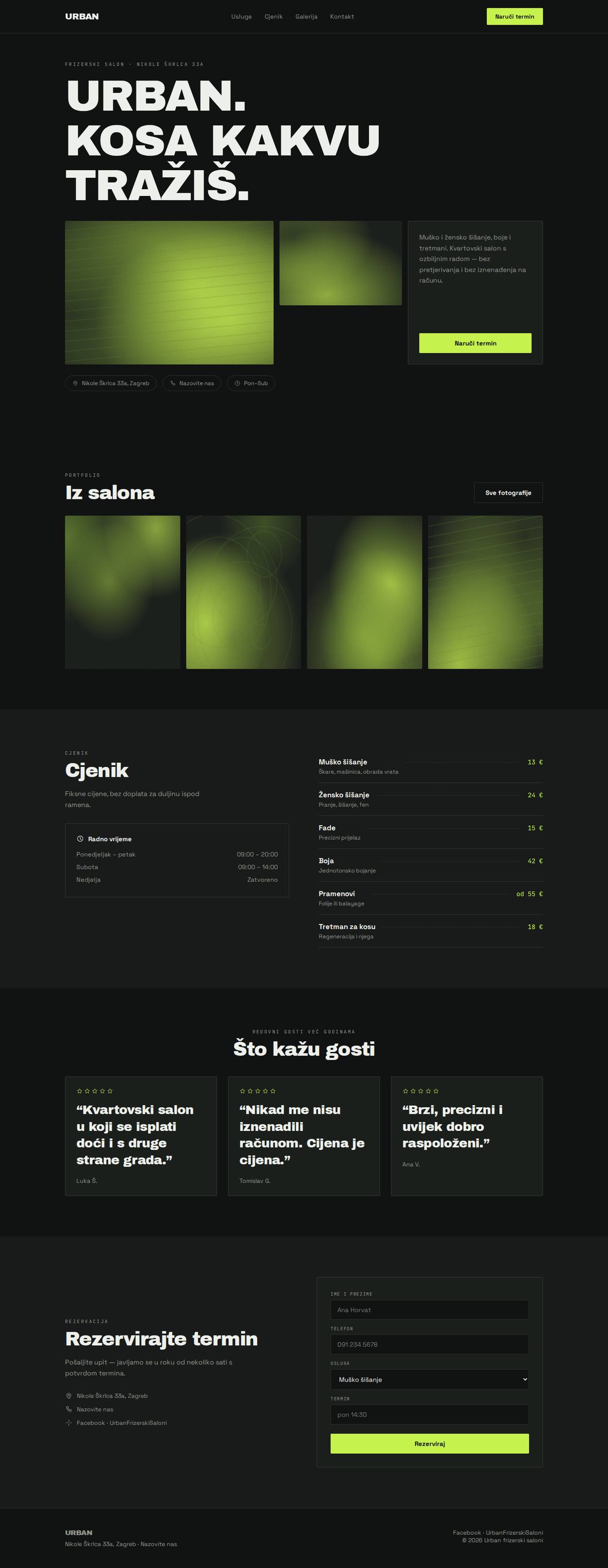 Full desktop design of the Urban concept site: hero, gallery, price list, reviews and booking form.