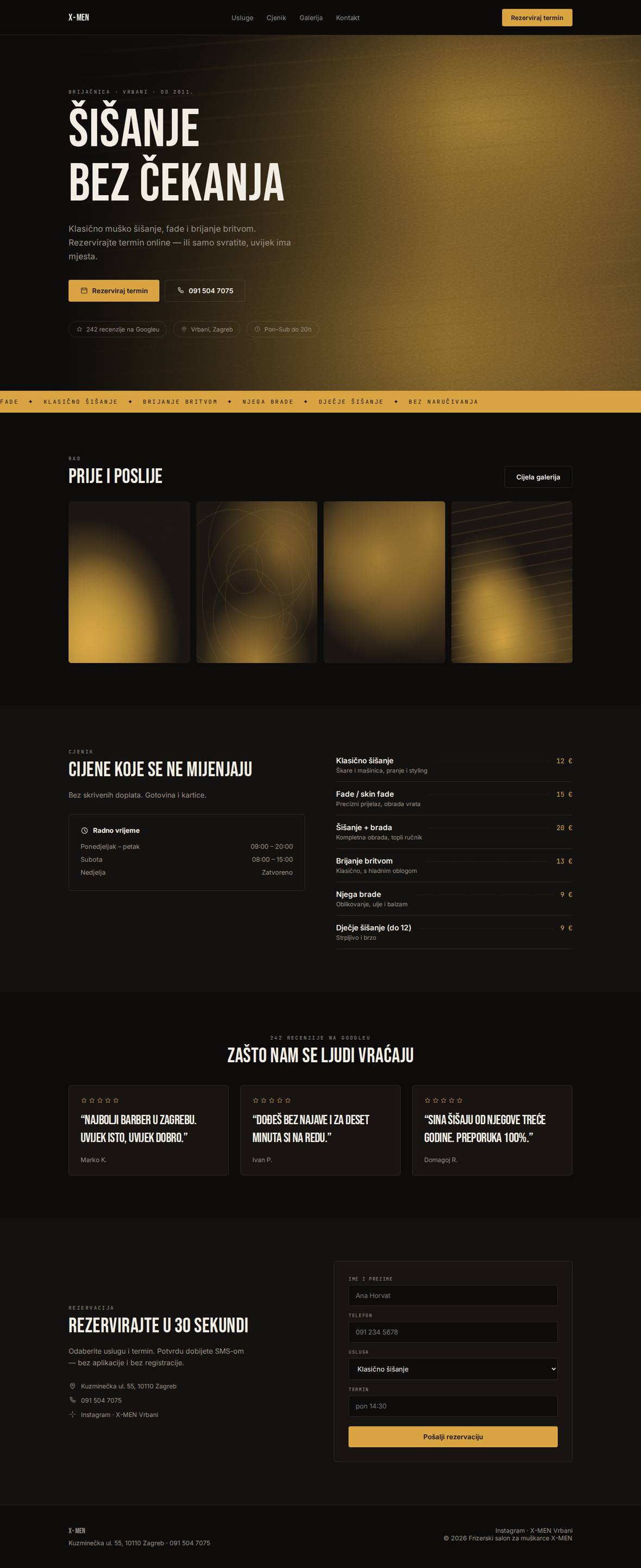Full desktop design of the X-MEN concept site: hero, gallery, price list, reviews and booking form.
